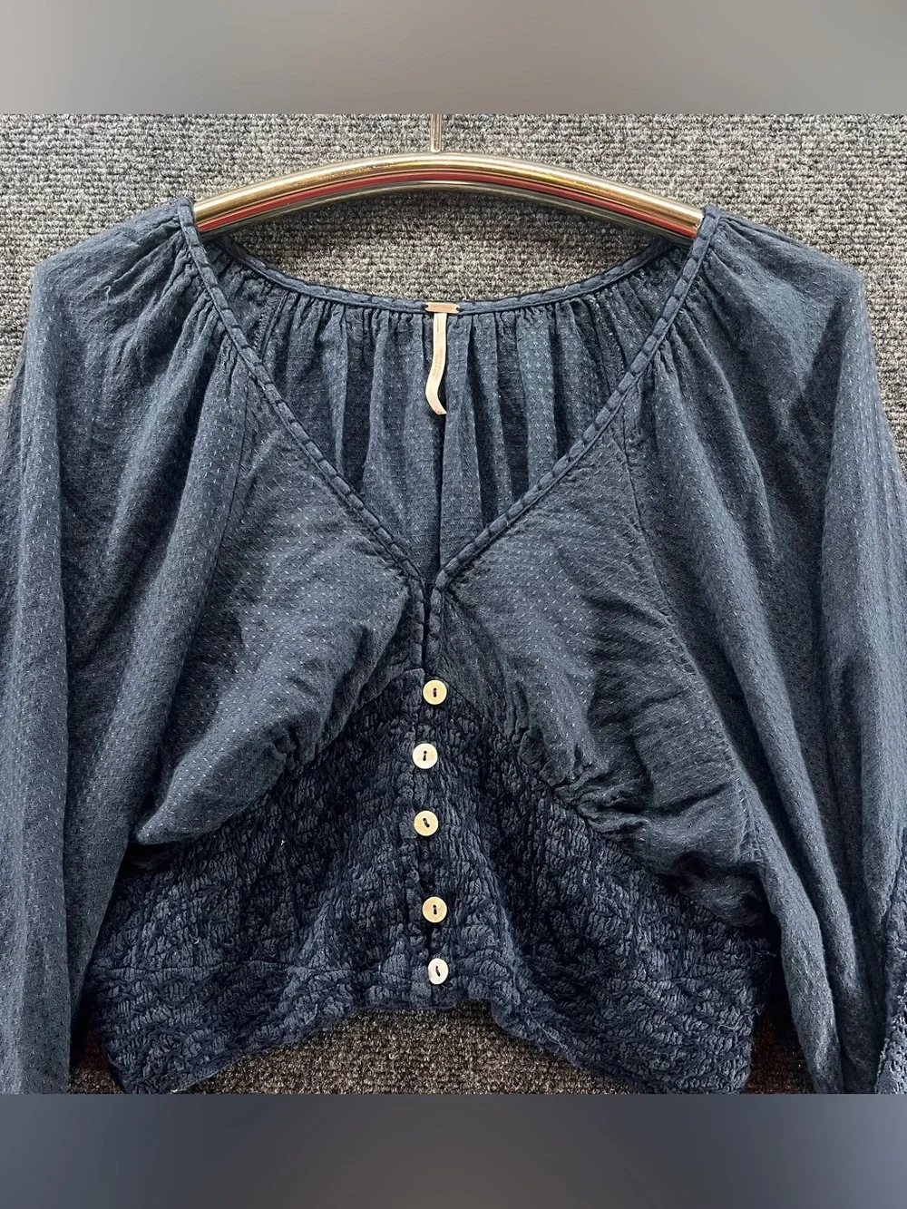 Free People Crop Top Large Stormy Navy Blue Southwest Lace Balloon Sleeve Button - Picture 2 of 12